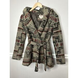 Mossimo Women's SP Tweed Aztec Winter-Fall Belted‎ Coat With Hood Pockets Boho